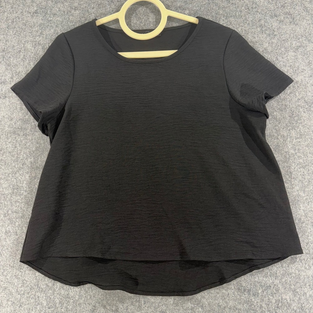 21 Saints Womens Black Textured Short Sleeve Crew Neck Blouse Top Size Medium